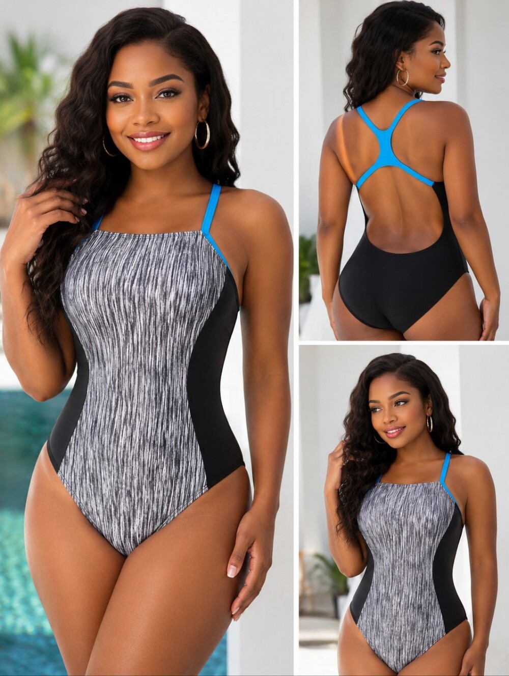Nike Women's One-Piece Swimsuit in Black, Gray & Blue